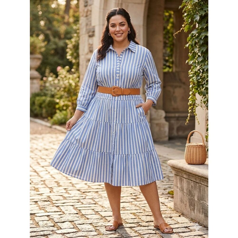 Eliza J Plus Size 22W Blue Yellow Striped 100% Cotton Tiered Shirt Dress - Coast